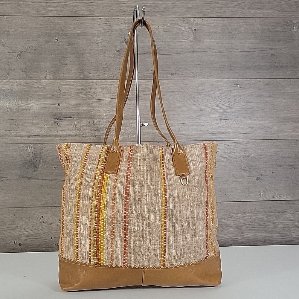Hobo Striped Woven Tapestry Tote Bag with Tan Leather Trim